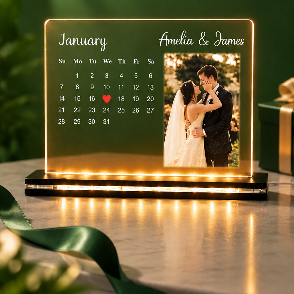 A personalized acrylic wedding calendar photo light on a black base, displayed on a tabletop with a green background. The calendar shows January with the names 'Amelia & James' and a photo of a bride and groom, illuminated by warm LED light from the base.