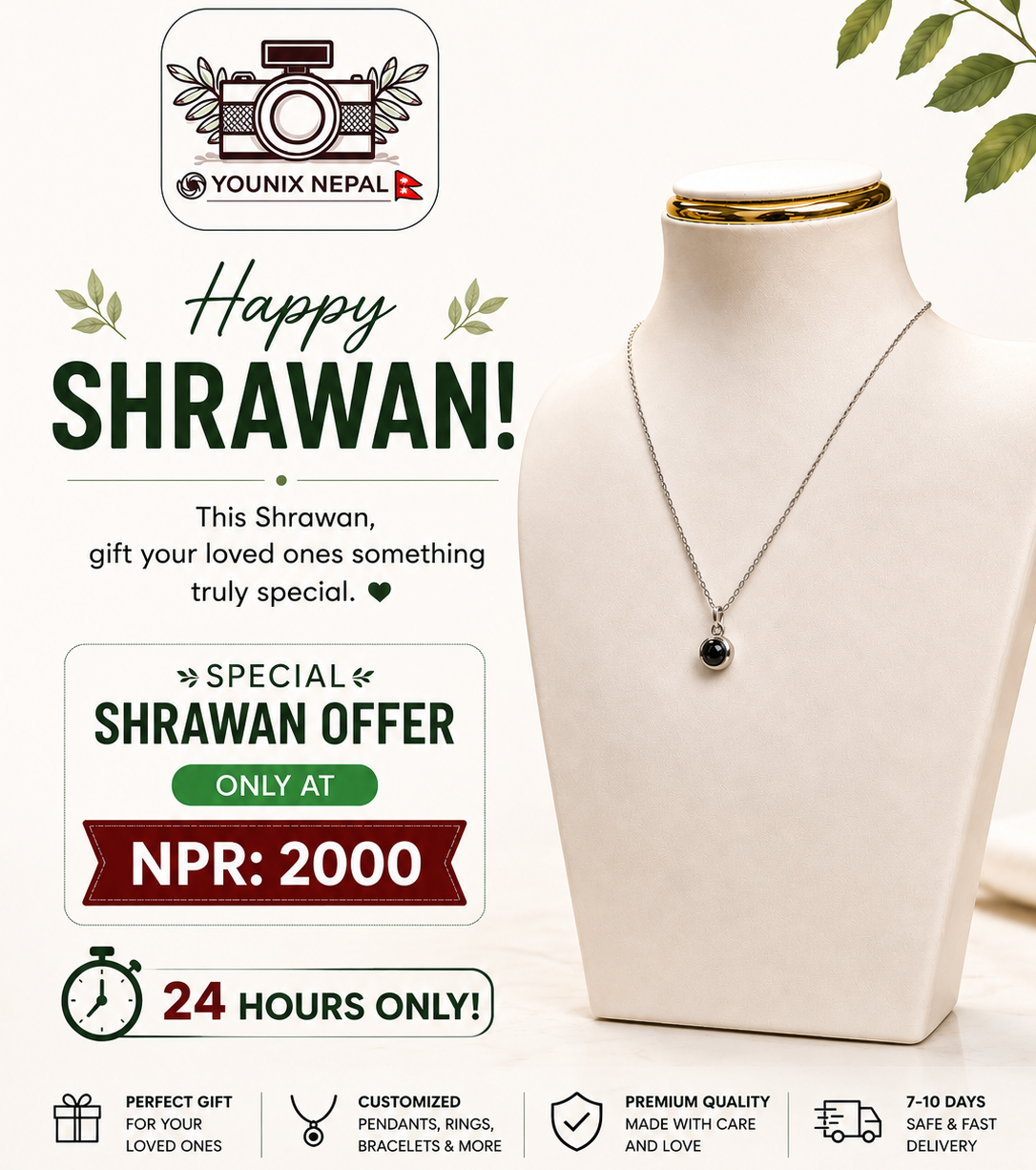 Promotional banner for a Shrawan necklace from Younix Nepal, featuring a silver necklace with a black round pendant displayed on a cream-colored mannequin bust. The left side contains festive text reading 'Happy SHRAWAN!' and 'SPECIAL SHRAWAN OFFER ONLY AT NPR: 2000' with product features listed below.